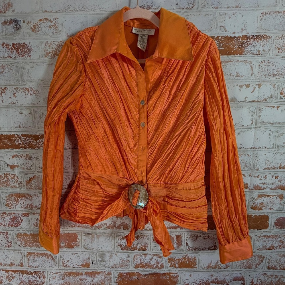 Jackie Jon Blouse Women 8 Orange Excellent Vintage Crinkle Buckle‎ Tie Front Top